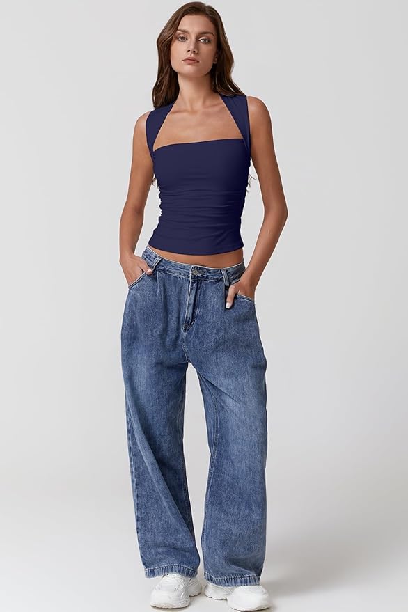 QINSEN Womens Square Neck Tank Top- SIZE: S