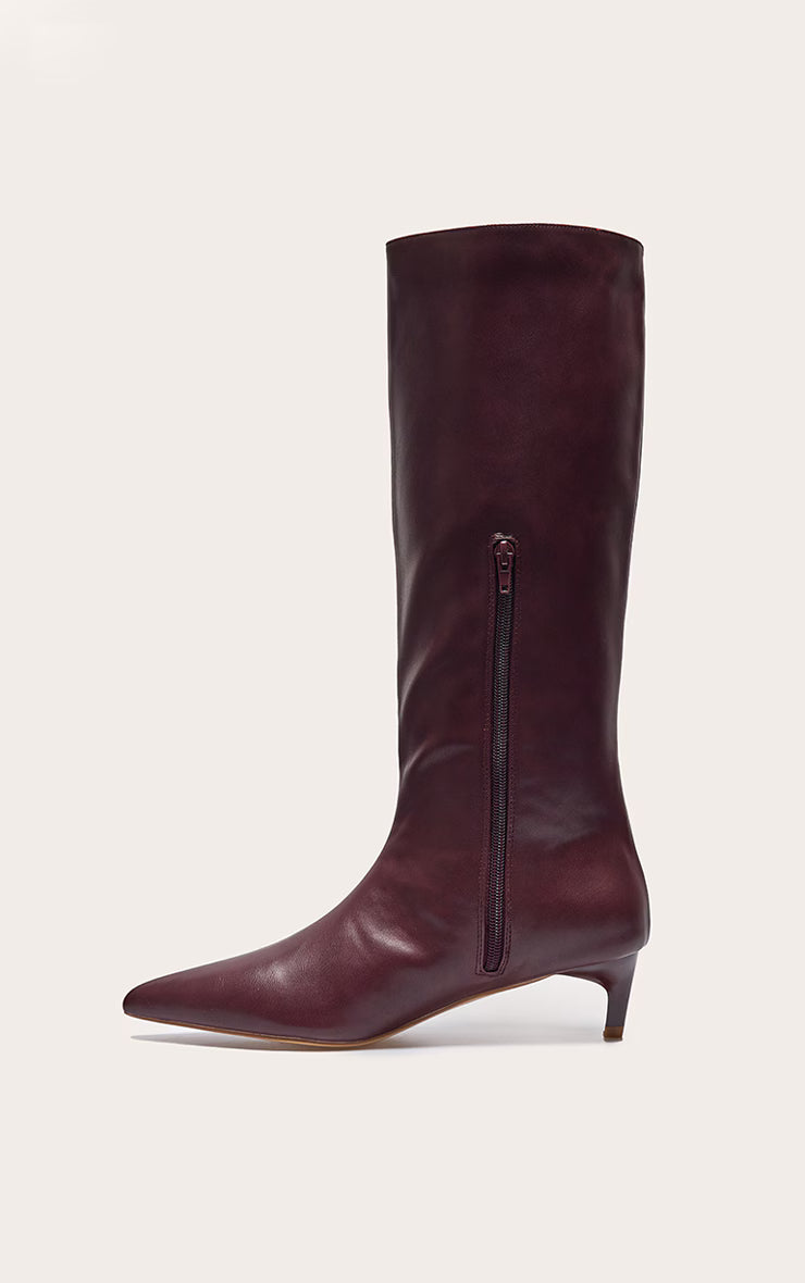 PRETTY LITTLE THING Plum PU Point Toe Low Stiletto Knee High Heeled Boots- SIZE: 7