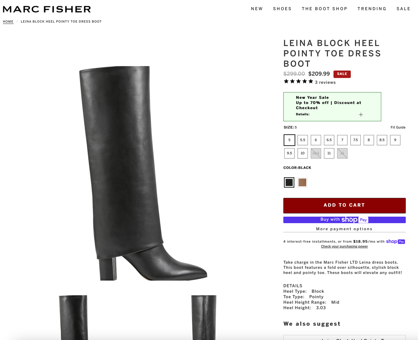 MARC FISHER Leina Block Heel Pointy Toe Dress Boot- SIZE: 7.5 (NEW NEVER WORN)