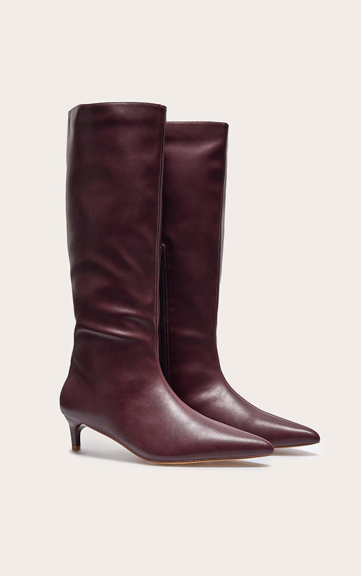 PRETTY LITTLE THING Plum PU Point Toe Low Stiletto Knee High Heeled Boots- SIZE: 7