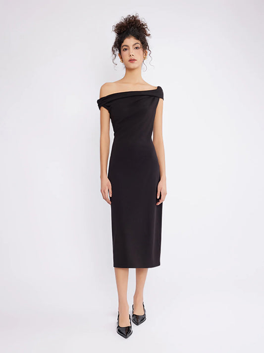 ASOBIO Asymmetric Neckline Knit Midi Dress- SIZE: XS (NEW WITH TAGS)