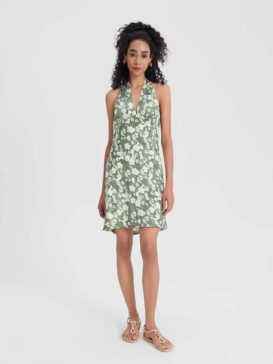 ASOBIO Halter V-Neck Draped Mini Dress-Green Floral- SIZE: XS (NEW WITH TAGS)
