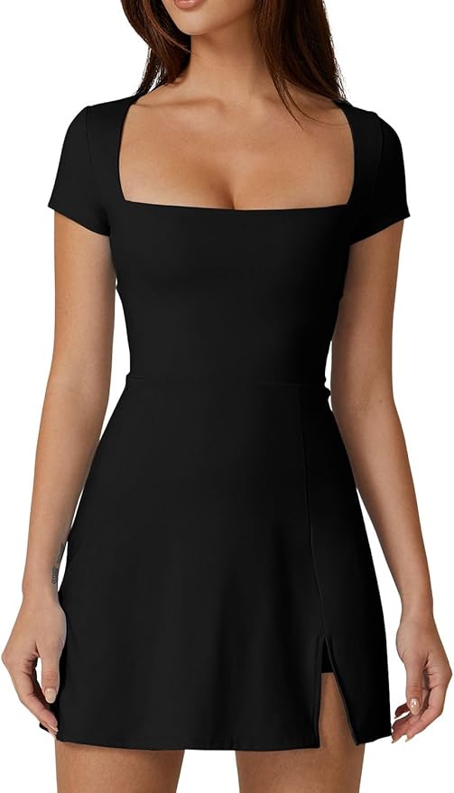 QINSEN Womens Square Neck Tennis Dress- BLACK - SIZE: S (NEW WITH TAGS)