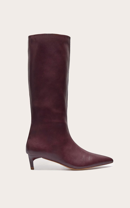 PRETTY LITTLE THING Plum PU Point Toe Low Stiletto Knee High Heeled Boots- SIZE: 7
